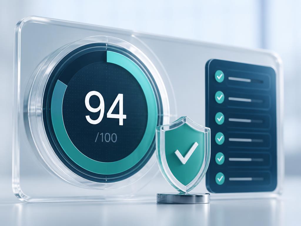 Compliance score dial with a secure checkmark badge and a completed review checklist.